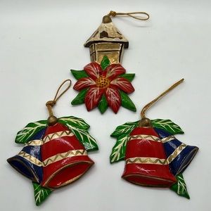 Vintage Wooden Hand Painted Lantern and Bells Ornament Set